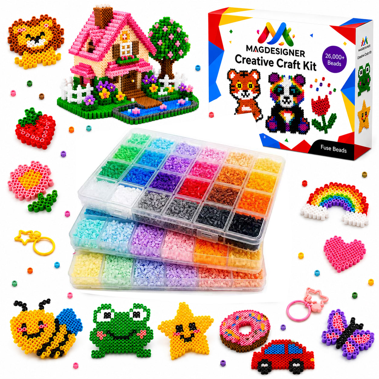 Fuse Beads Kit Christmas Birthday Gifts for Girls,38000PCS 72Colors 2.65mm Melty Beads with Pegboardx,Ironing Paper,Tweezers & Keychain Accessories Iron Beads