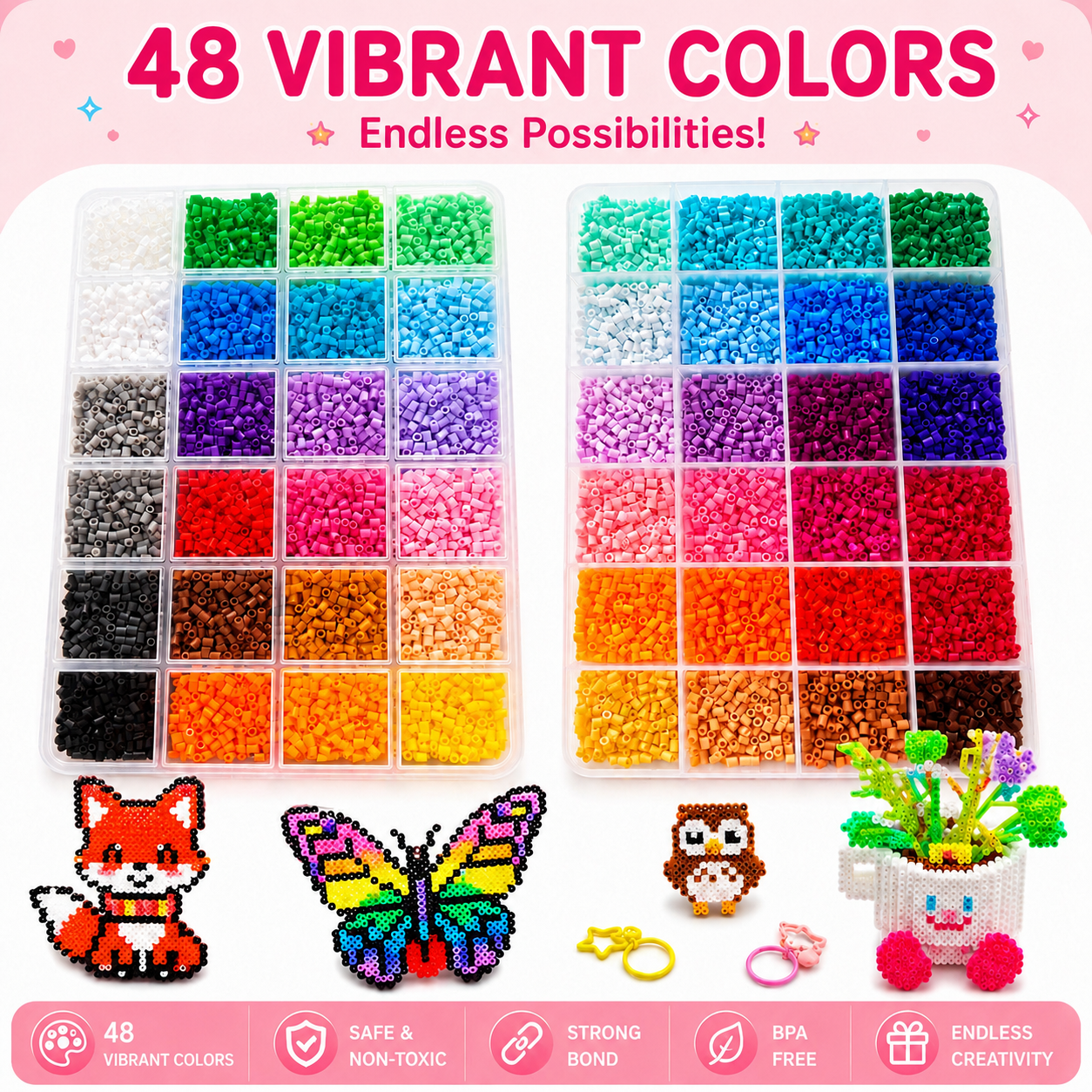 Fuse Beads Kit Christmas Birthday Gifts for Girls,26000PCS 48Colors 2.65mm Melty Beads with Pegboardx,Ironing Paper,Tweezers & Keychain Accessories Iron Beads
