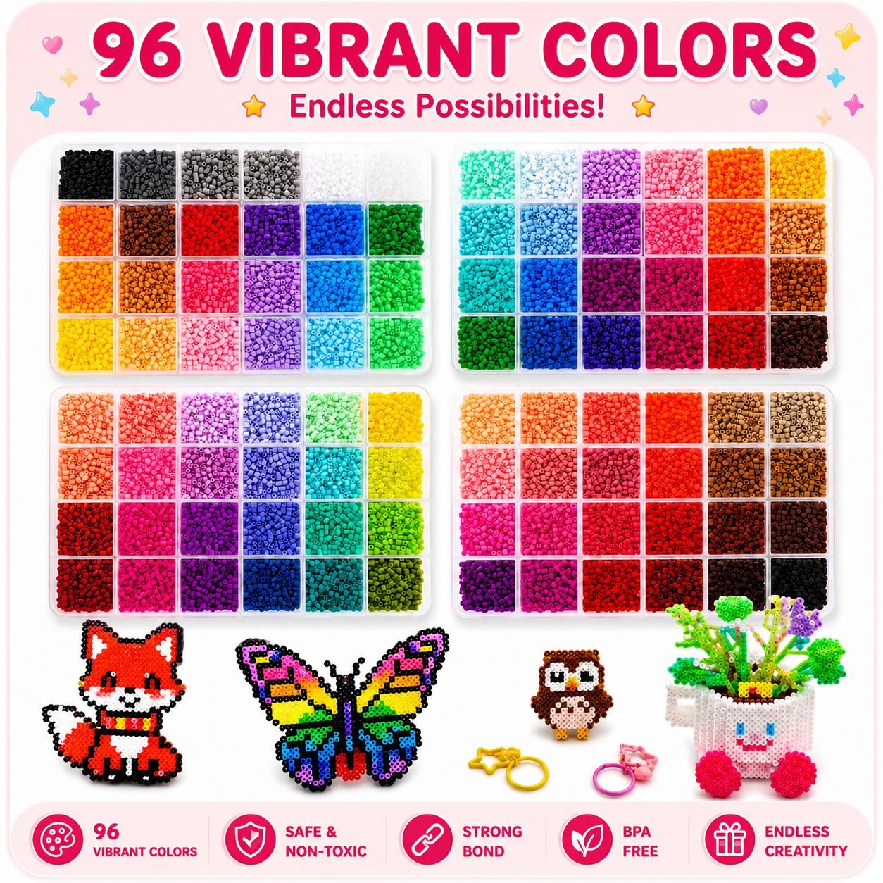 Fuse Beads Kit Christmas Birthday Gifts for Girls,50000PCS 96Colors 2.65mm Melty Beads with Pegboardx,Ironing Paper,Tweezers & Keychain Accessories Iron Beads