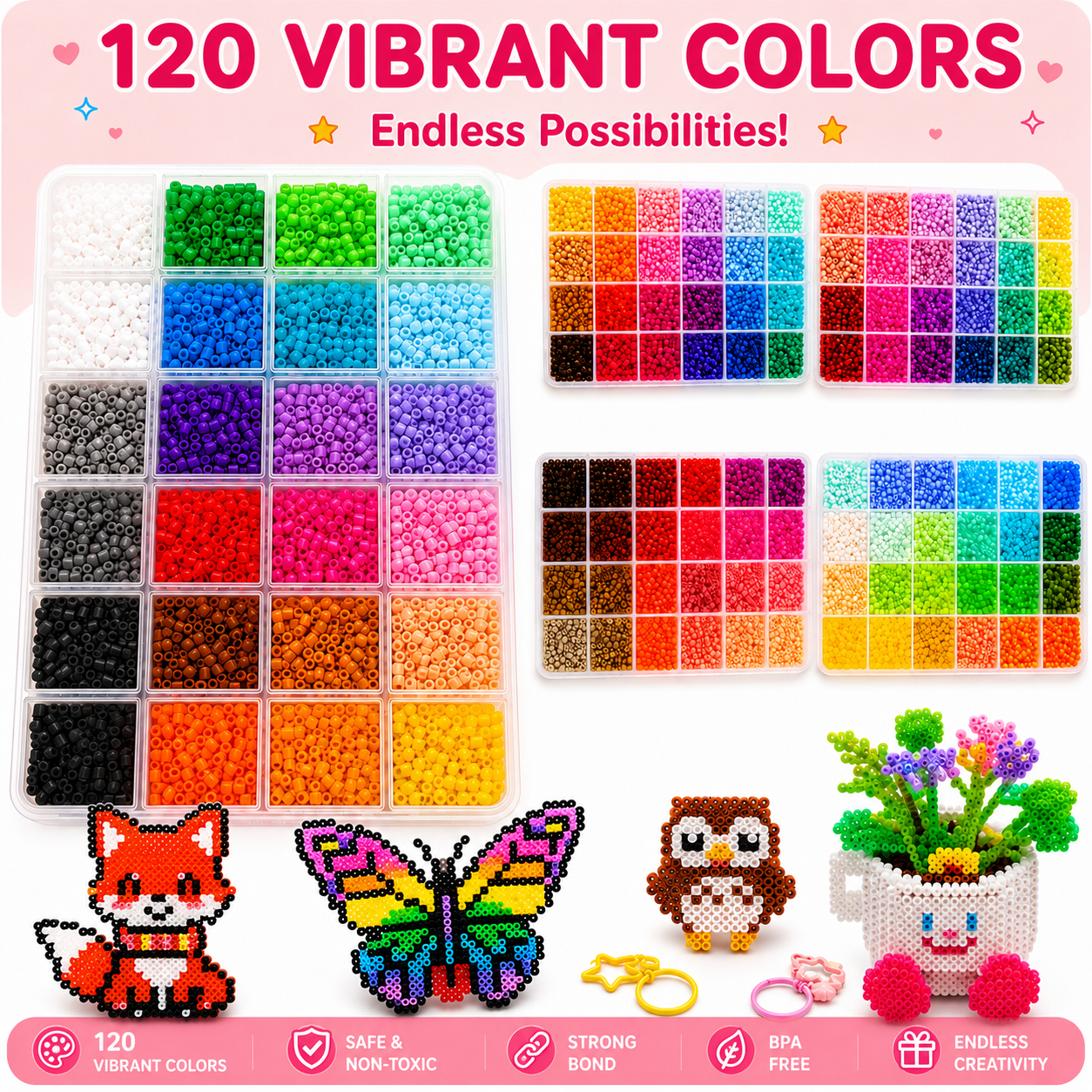 Fuse Beads Kit Christmas Birthday Gifts for Girls,62000PCS 120Colors 2.65mm Melty Beads with Pegboardx,Ironing Paper,Tweezers & Keychain Accessories Iron Beads