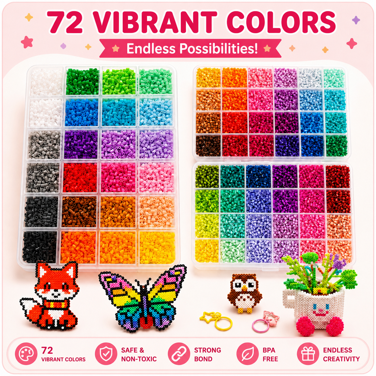 Fuse Beads Kit Christmas Birthday Gifts for Girls,38000PCS 72Colors 2.65mm Melty Beads with Pegboardx,Ironing Paper,Tweezers & Keychain Accessories Iron Beads